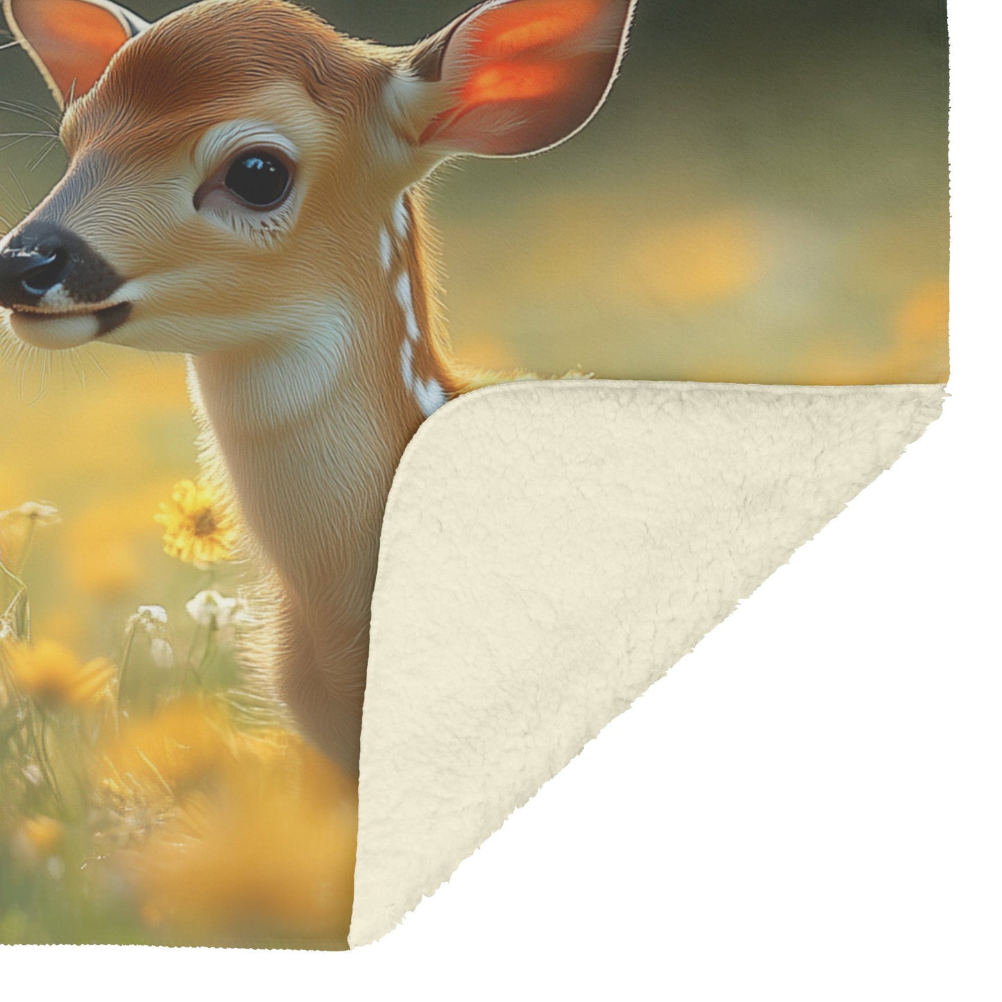 Little Girl Picking Flowers for Baby Deer in White Dress with Morning Light Cozy Fleece Sherpa Blanket - Awakening Righteousness