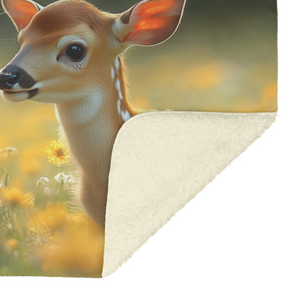 Little Girl Picking Flowers for Baby Deer in White Dress with Morning Light Cozy Fleece Sherpa Blanket - Awakening Righteousness
