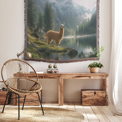 Llama Standing Beside Crystal Clear Lake Reflecting Glowing Twilight Sky Surrounded by Lush Green Trees Woven Throw Blanket - Awakening Righteousness