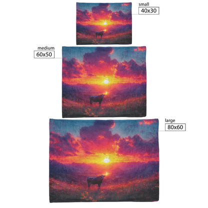 Lone Cow on Grassy Hilltop Sherpa Fleece Blanket Glowing Valley Vibrant Sunset Magical Natural Scene - Awakening Righteousness