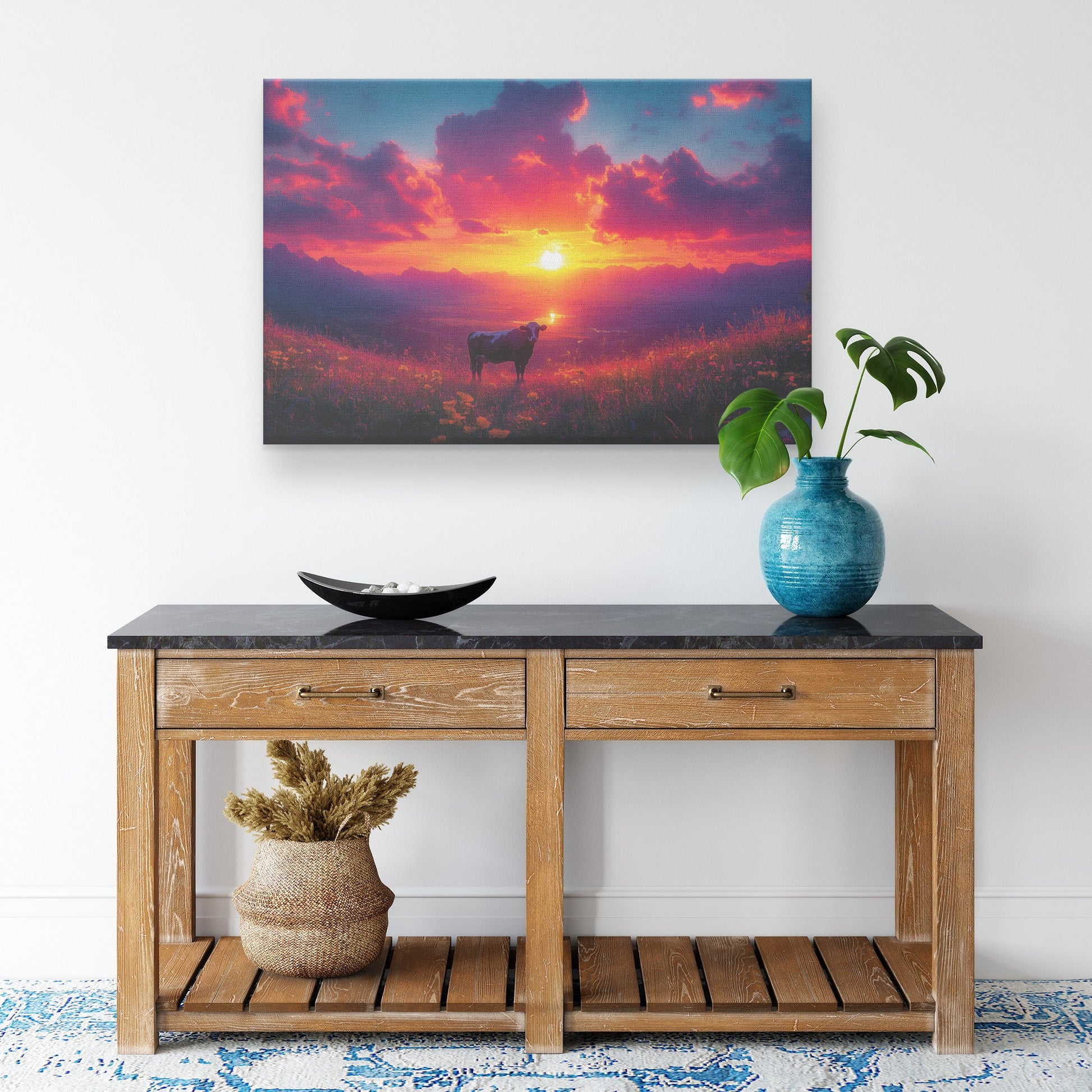 Lone Cow Standing on Grassy Hilltop Overlooking Glowing Valley Under Vibrant Sunset Magical Natural Canvas Wall Art - Awakening Righteousness