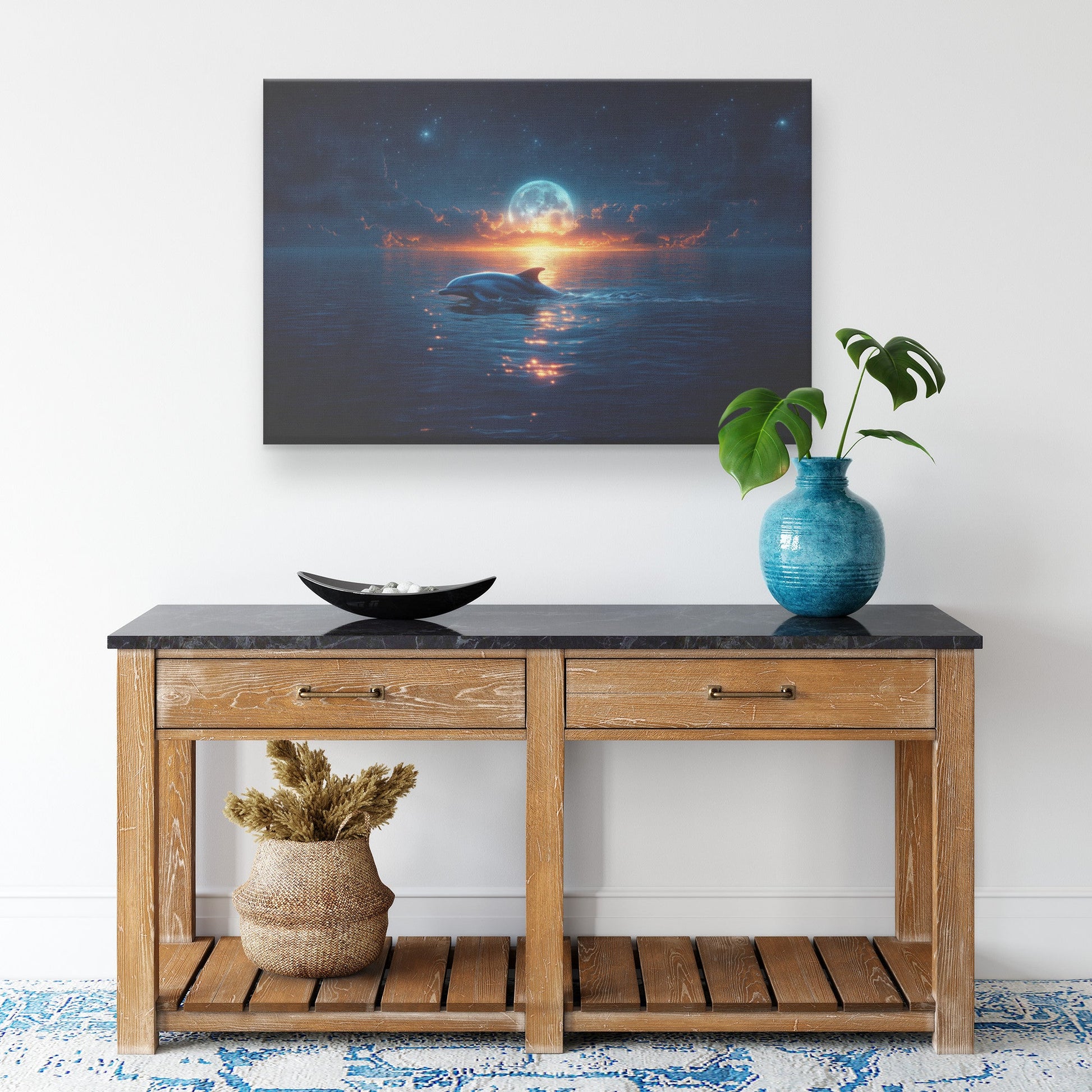 Lone Dolphin Swimming Under Glowing Moonlight in Peaceful Ocean with Shimmering Reflections Canvas Wall Art Decor - Awakening Righteousness