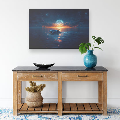 Lone Dolphin Swimming Under Glowing Moonlight in Peaceful Ocean with Shimmering Reflections Canvas Wall Art Decor - Awakening Righteousness