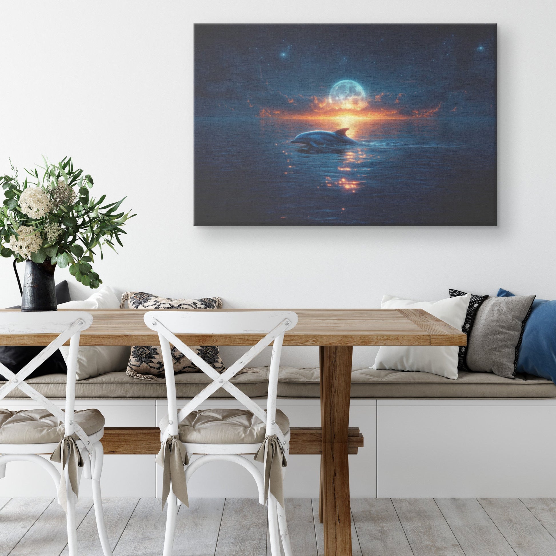 Lone Dolphin Swimming Under Glowing Moonlight in Peaceful Ocean with Shimmering Reflections Canvas Wall Art Decor - Awakening Righteousness