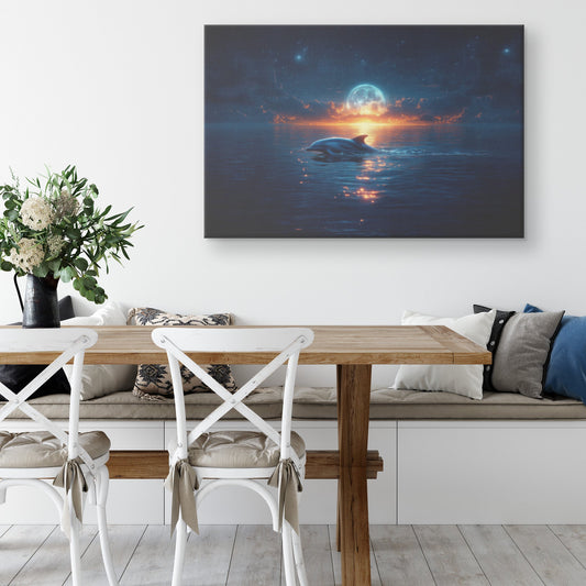 Lone Dolphin Swimming Under Glowing Moonlight in Peaceful Ocean with Shimmering Reflections Canvas Wall Art Decor - Awakening Righteousness