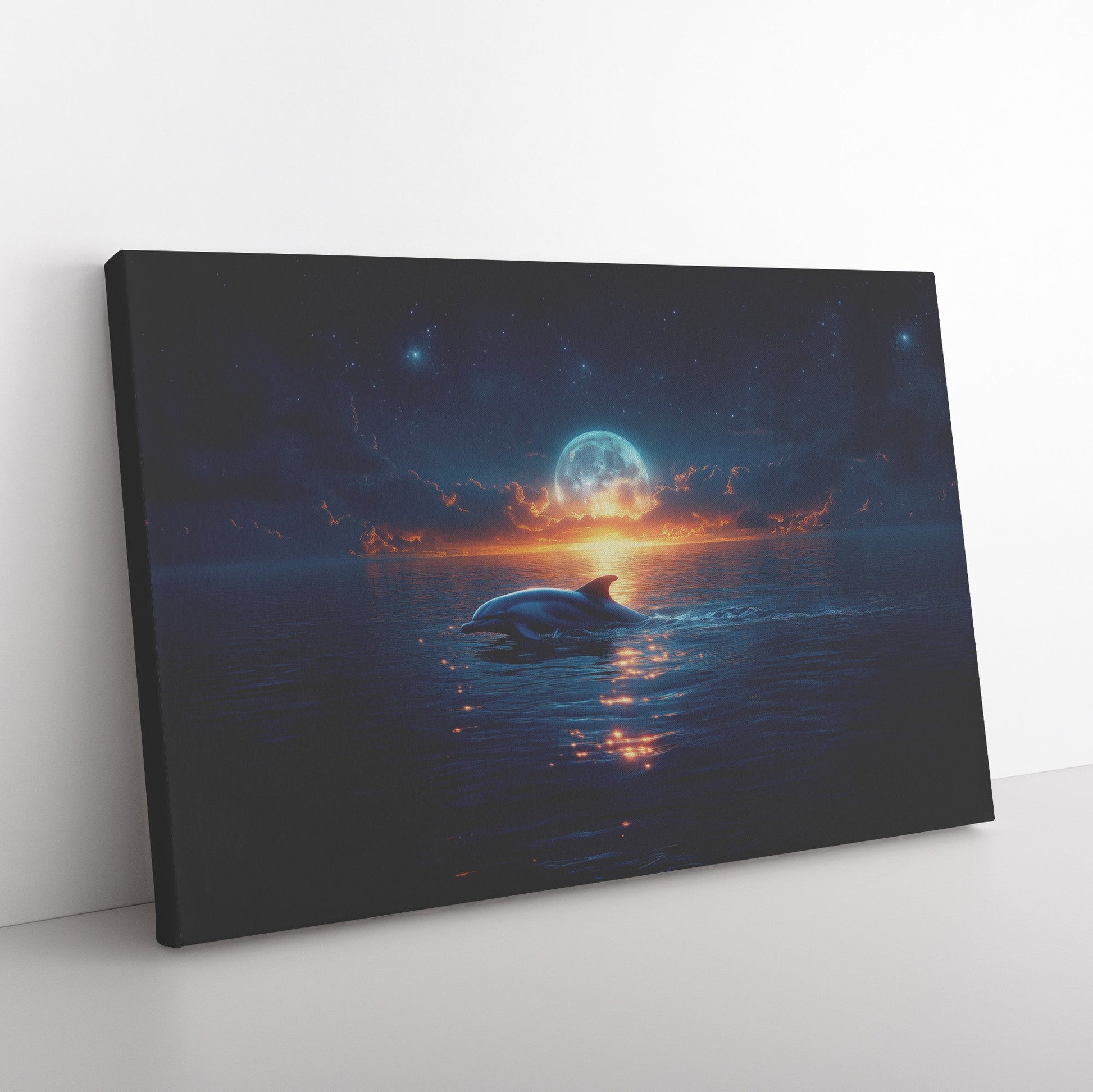 Lone Dolphin Swimming Under Glowing Moonlight in Peaceful Ocean with Shimmering Reflections Canvas Wall Art Decor - Awakening Righteousness