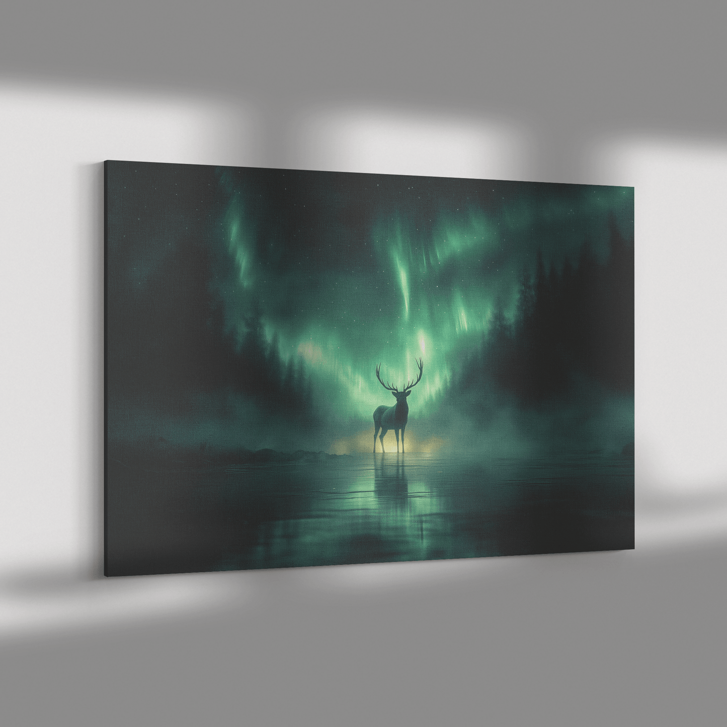 Lone Elk On Glowing Frozen Lake With Mist Reflecting Vibrant Aurora Borealis Sky Canvas Wall Art Decor - Awakening Righteousness