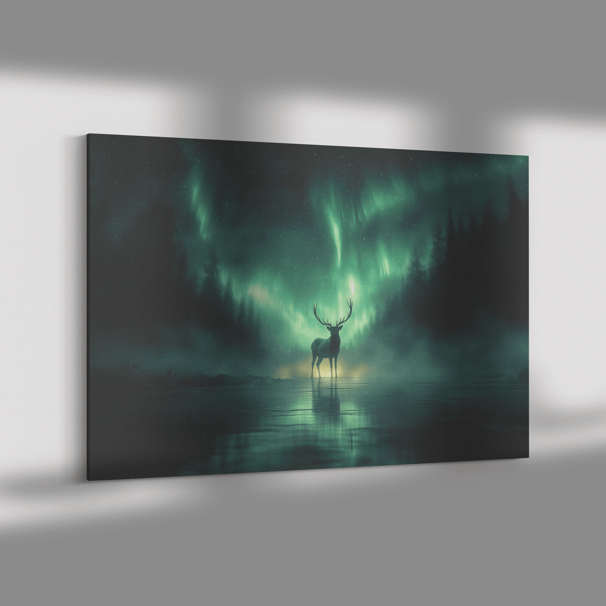 Lone Elk On Glowing Frozen Lake With Mist Reflecting Vibrant Aurora Borealis Sky Canvas Wall Art Decor - Awakening Righteousness