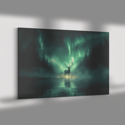 Lone Elk On Glowing Frozen Lake With Mist Reflecting Vibrant Aurora Borealis Sky Canvas Wall Art Decor - Awakening Righteousness