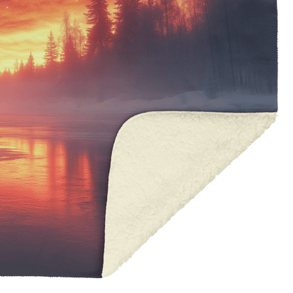 Lone Elk Standing on Glowing Frozen Lake Surrounded by Mist and Reflecting Vibrant Aurora Borealis Sky Fleece Sherpa Blanket - Awakening Righteousness
