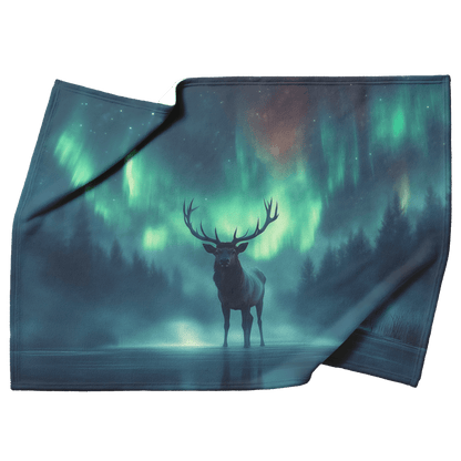 Lone Elk Standing on Glowing Frozen Lake Surrounded by Mist Reflecting Vibrant Aurora Borealis Sky Fleece Sherpa Blanket - Awakening Righteousness