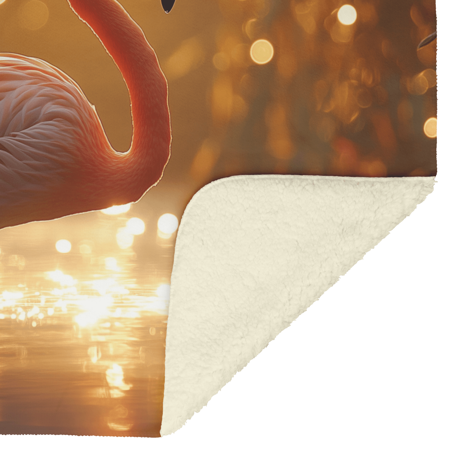 Lone Flamingo Standing Gracefully in Shallow Glowing Water Surrounded by Golden Reeds and Morning Mist Fleece Sherpa Blanket - Awakening Righteousness