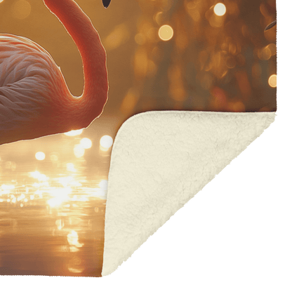 Lone Flamingo Standing Gracefully in Shallow Glowing Water Surrounded by Golden Reeds and Morning Mist Fleece Sherpa Blanket - Awakening Righteousness