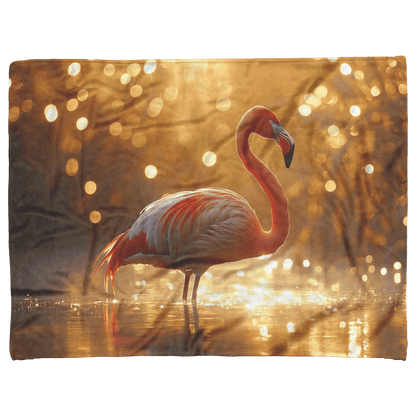 Lone Flamingo Standing Gracefully in Shallow Glowing Water Surrounded by Golden Reeds and Morning Mist Fleece Sherpa Blanket - Awakening Righteousness