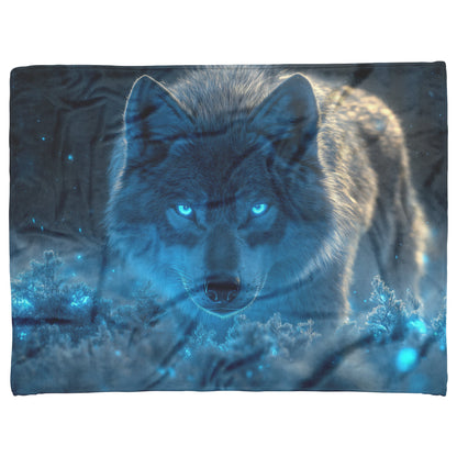 Lone Grey Wolf Walking Through Bioluminescent Forest Glowing Blue Light and Plants Cozy Sherpa Blanket - Awakening Righteousness