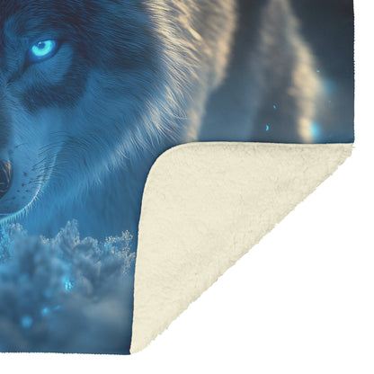 Lone Grey Wolf Walking Through Bioluminescent Forest Glowing Blue Light and Plants Cozy Sherpa Blanket - Awakening Righteousness