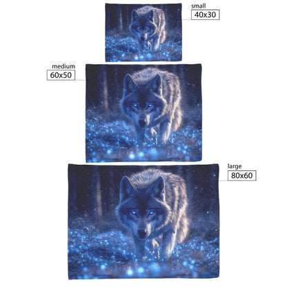 Lone Grey Wolf Walking Through Bioluminescent Forest Glowing Blue Light and Plants Cozy Sherpa Blanket - Awakening Righteousness