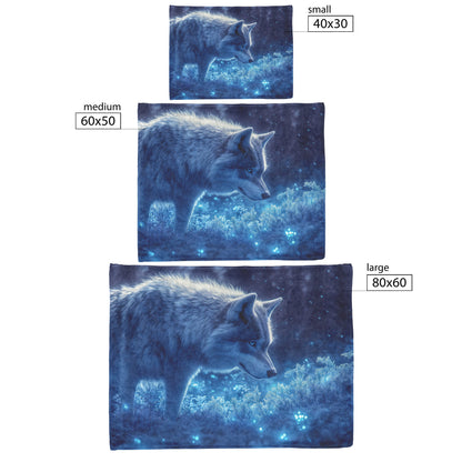 Lone Grey Wolf Walking Through Bioluminescent Forest Glowing Blue Light and Plants Cozy Sherpa Blanket - Awakening Righteousness