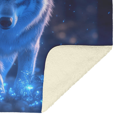 Lone Grey Wolf Walking Through Bioluminescent Forest Glowing Blue Light and Plants Cozy Sherpa Blanketc - Awakening Righteousness