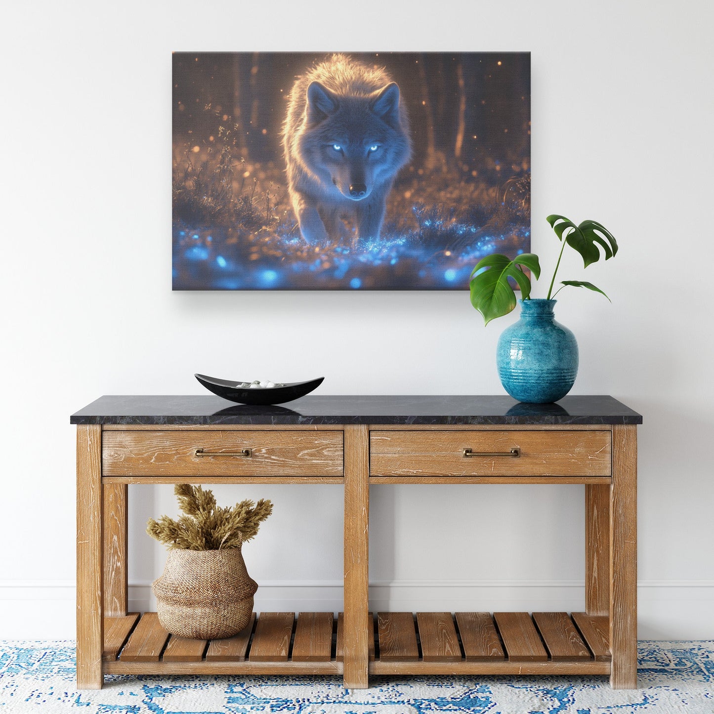 Lone Grey Wolf Walking Through Bioluminescent Forest Glowing Blue Light Hyper Detailed Fur Glowing Plants - Awakening Righteousness