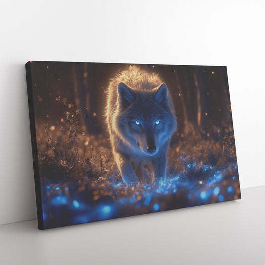 Lone Grey Wolf Walking Through Bioluminescent Forest Glowing Blue Light Hyper Detailed Fur Glowing Plants - Awakening Righteousness