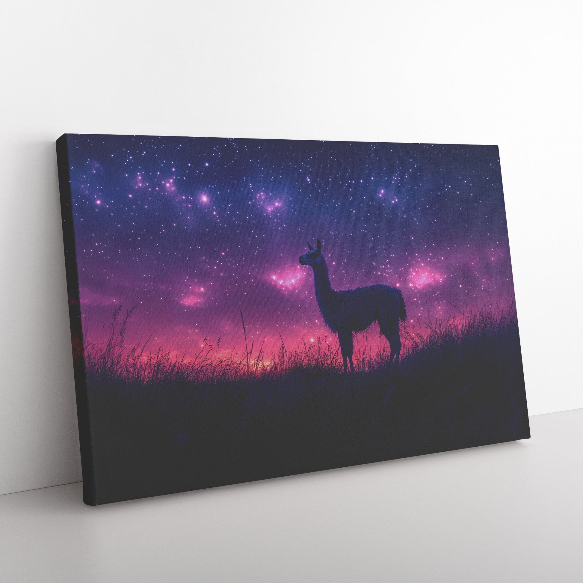 Lone Llama on Glowing Grassy Hill Under Deep Purple Twilight Sky Filled with Stars Peaceful Canvas Wall Art - Awakening Righteousness