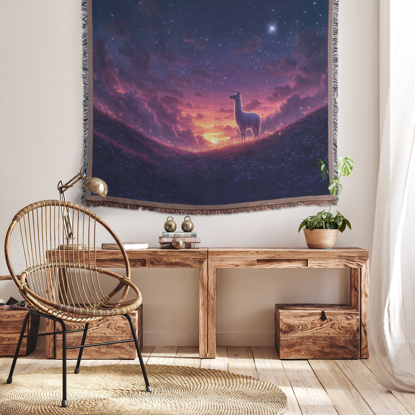 Lone Llama Standing Peacefully on Glowing Grassy Hill Under Deep Purple Twilight Sky Filled with Stars Woven Throw Blanket - Awakening Righteousness