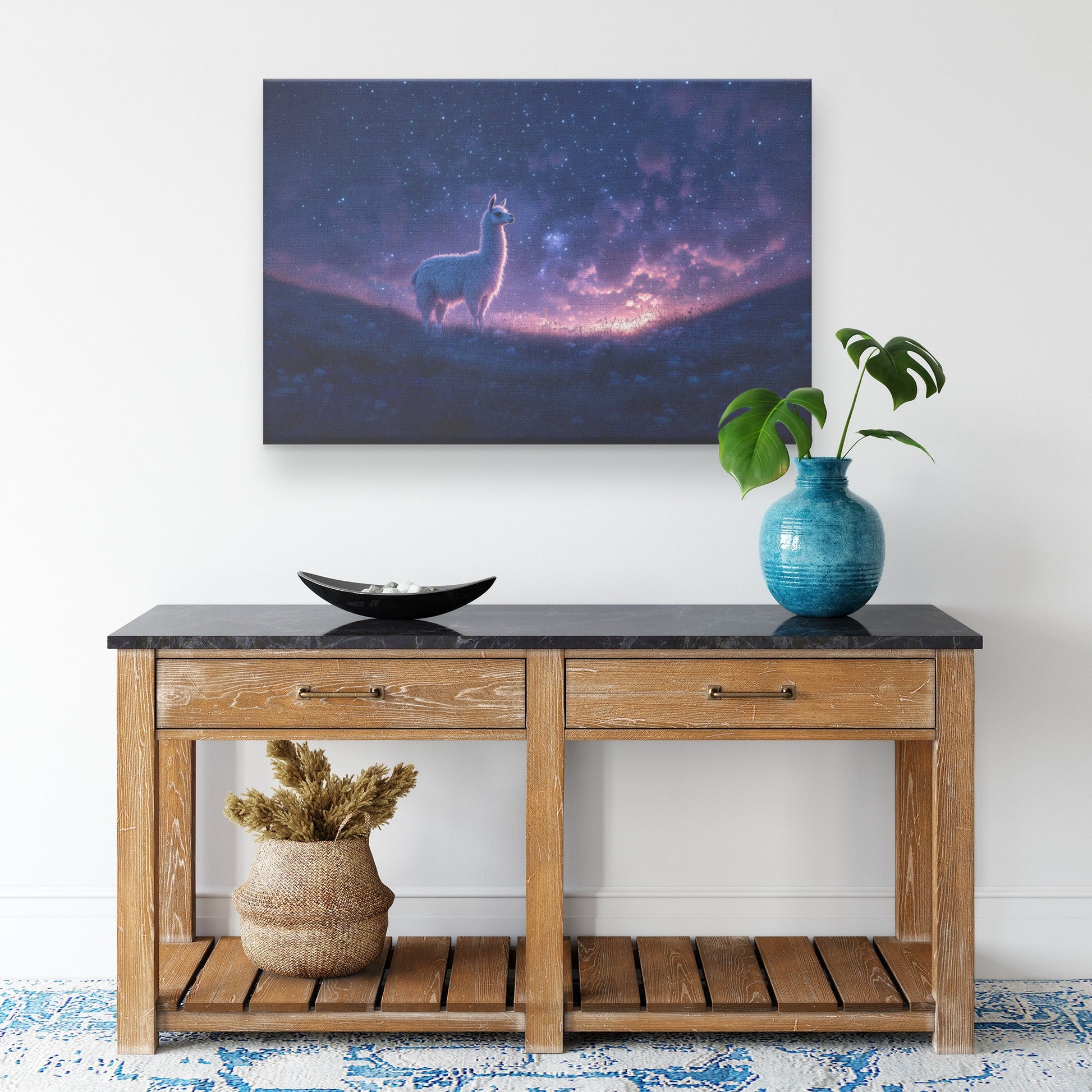 Lone Llama Standing Peacefully on Glowing Grassy Hill Under Deep Purple Twilight Sky with Stars Canvas Wall Art Decor - Awakening Righteousness