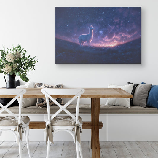 Lone Llama Standing Peacefully on Glowing Grassy Hill Under Deep Purple Twilight Sky with Stars Canvas Wall Art Decor - Awakening Righteousness