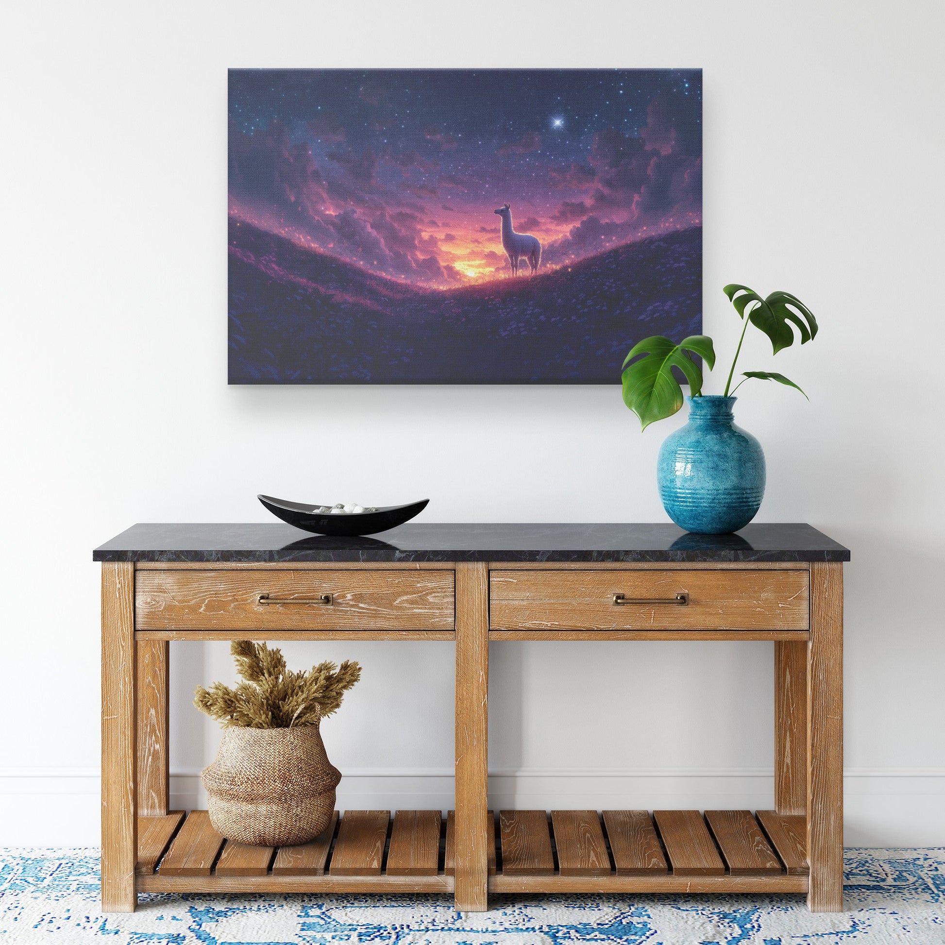 Lone Llama Standing Peacefully on Glowing Grassy Hill Under Deep Purple Twilight Sky with Stars Canvas Wall Art Decor - Awakening Righteousness