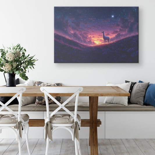 Lone Llama Standing Peacefully on Glowing Grassy Hill Under Deep Purple Twilight Sky with Stars Canvas Wall Art Decor - Awakening Righteousness