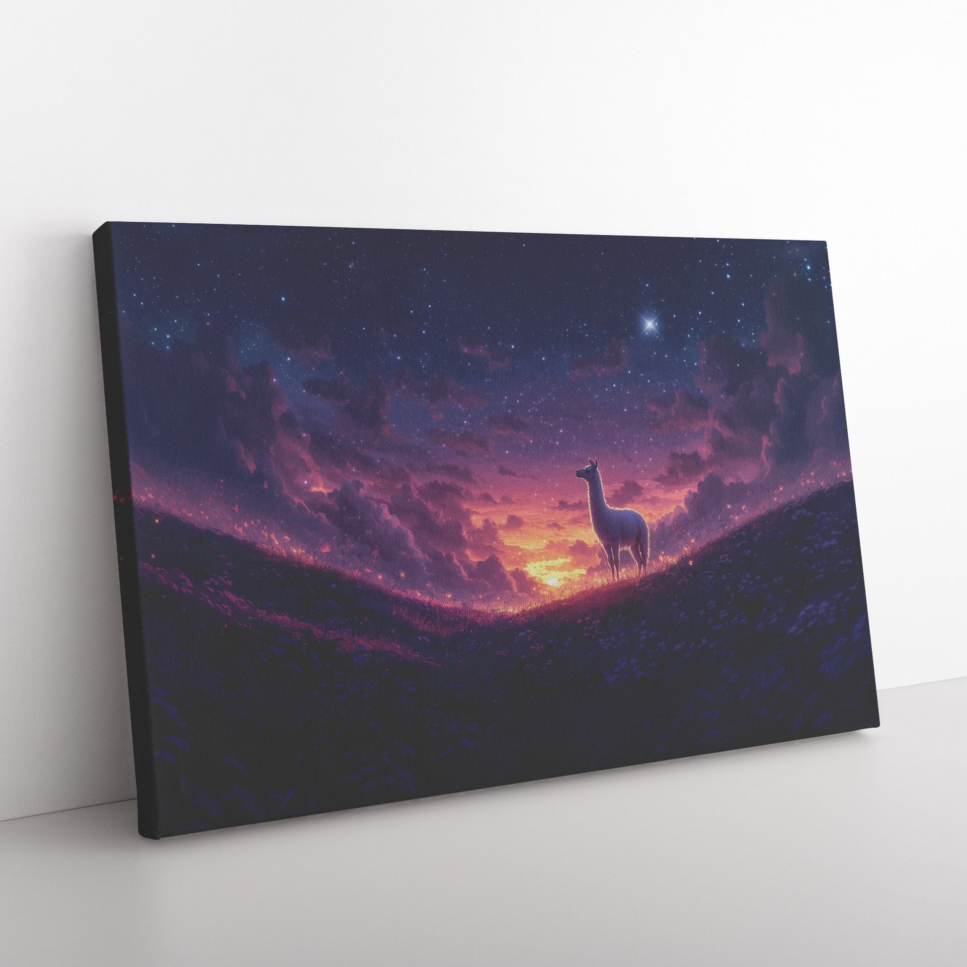 Lone Llama Standing Peacefully on Glowing Grassy Hill Under Deep Purple Twilight Sky with Stars Canvas Wall Art Decor - Awakening Righteousness