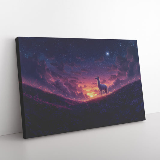 Lone Llama Standing Peacefully on Glowing Grassy Hill Under Deep Purple Twilight Sky with Stars Canvas Wall Art Decor - Awakening Righteousness