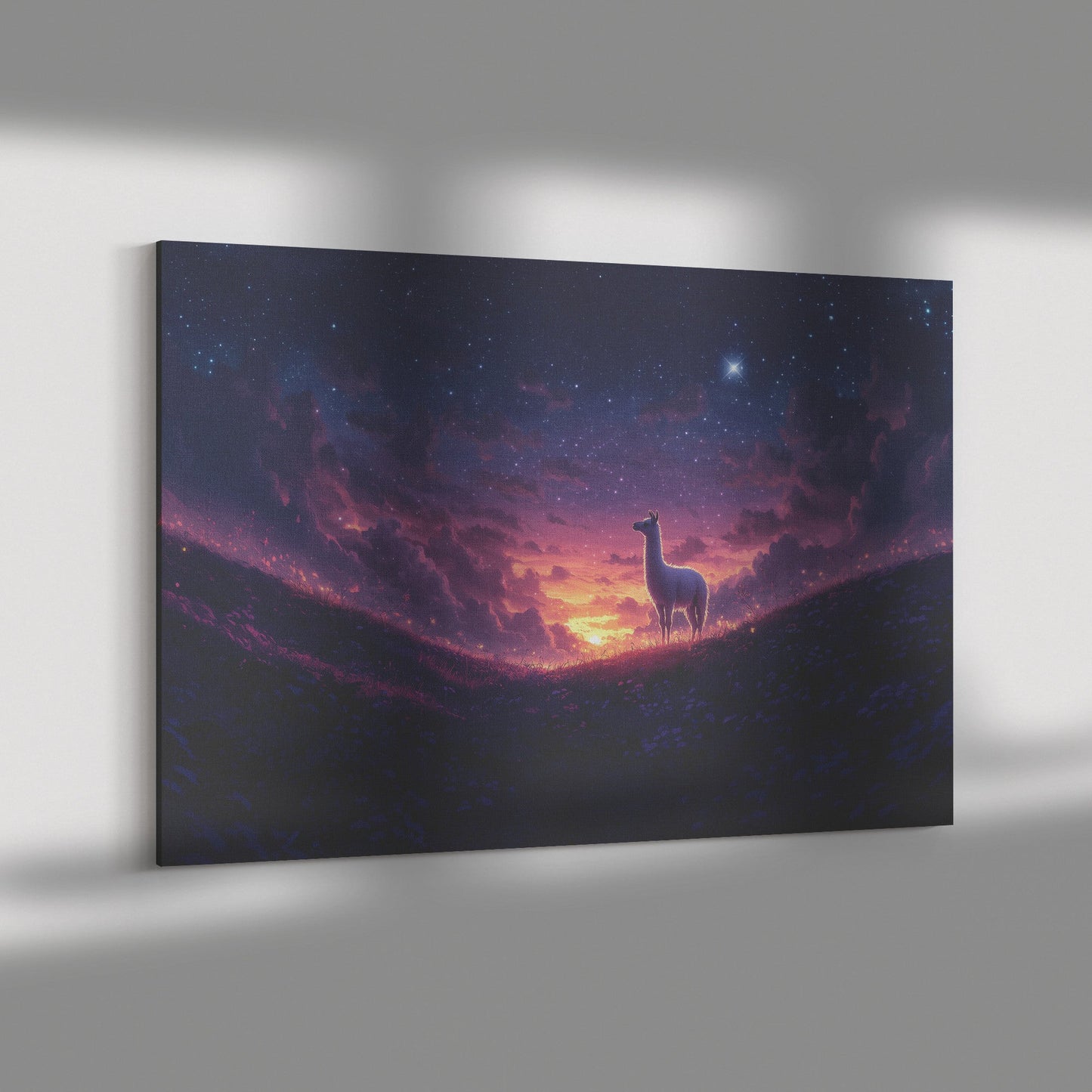 Lone Llama Standing Peacefully on Glowing Grassy Hill Under Deep Purple Twilight Sky with Stars Canvas Wall Art Decor - Awakening Righteousness
