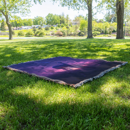 Lone Llama Standing Peacefully on Glowing Grassy Hill Under Deep Purple Twilight Sky with Stars Woven Throw Blanket - Awakening Righteousness