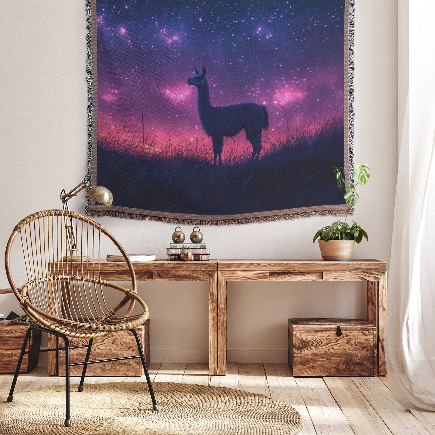 Lone Llama Standing Peacefully on Glowing Grassy Hill Under Deep Purple Twilight Sky with Stars Woven Throw Blanket - Awakening Righteousness