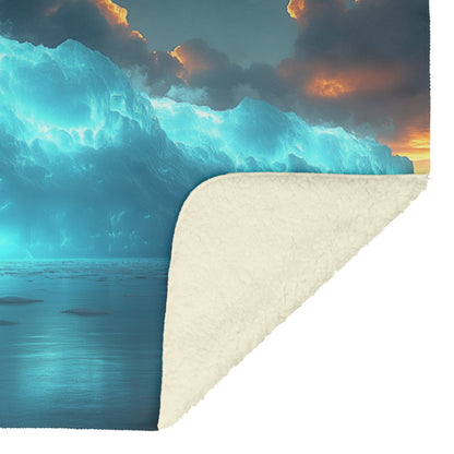 Lone Penguin on Glowing Blue Iceberg in Crystal Arctic Waters Under Twilight Sky Fleece Sherpa Blanket - Awakening Righteousness
