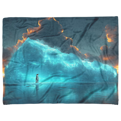 Lone Penguin on Glowing Blue Iceberg in Crystal Arctic Waters Under Twilight Sky Fleece Sherpa Blanket - Awakening Righteousness
