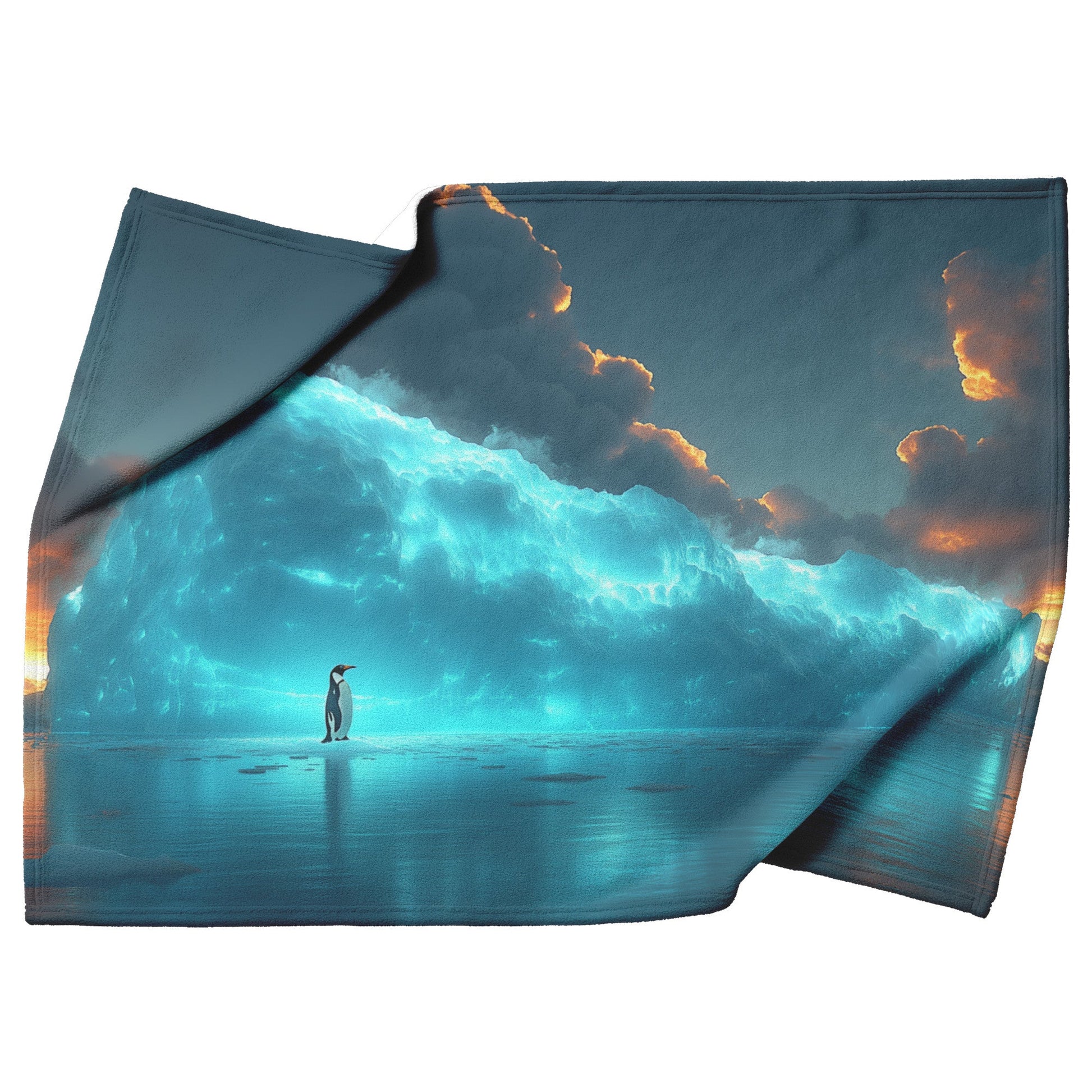 Lone Penguin on Glowing Blue Iceberg in Crystal Arctic Waters Under Twilight Sky Fleece Sherpa Blanket - Awakening Righteousness