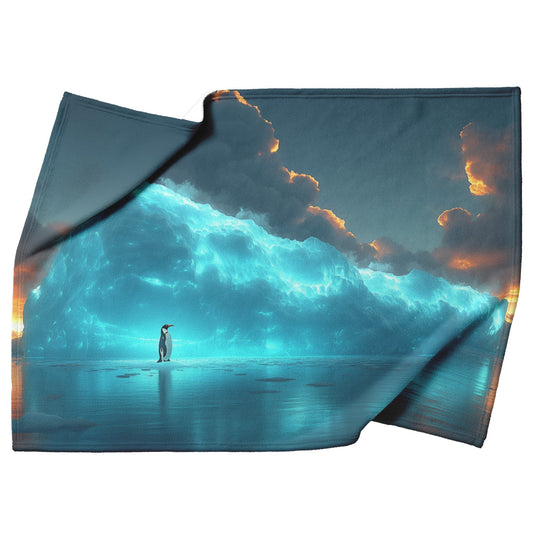 Lone Penguin on Glowing Blue Iceberg in Crystal Arctic Waters Under Twilight Sky Fleece Sherpa Blanket - Awakening Righteousness