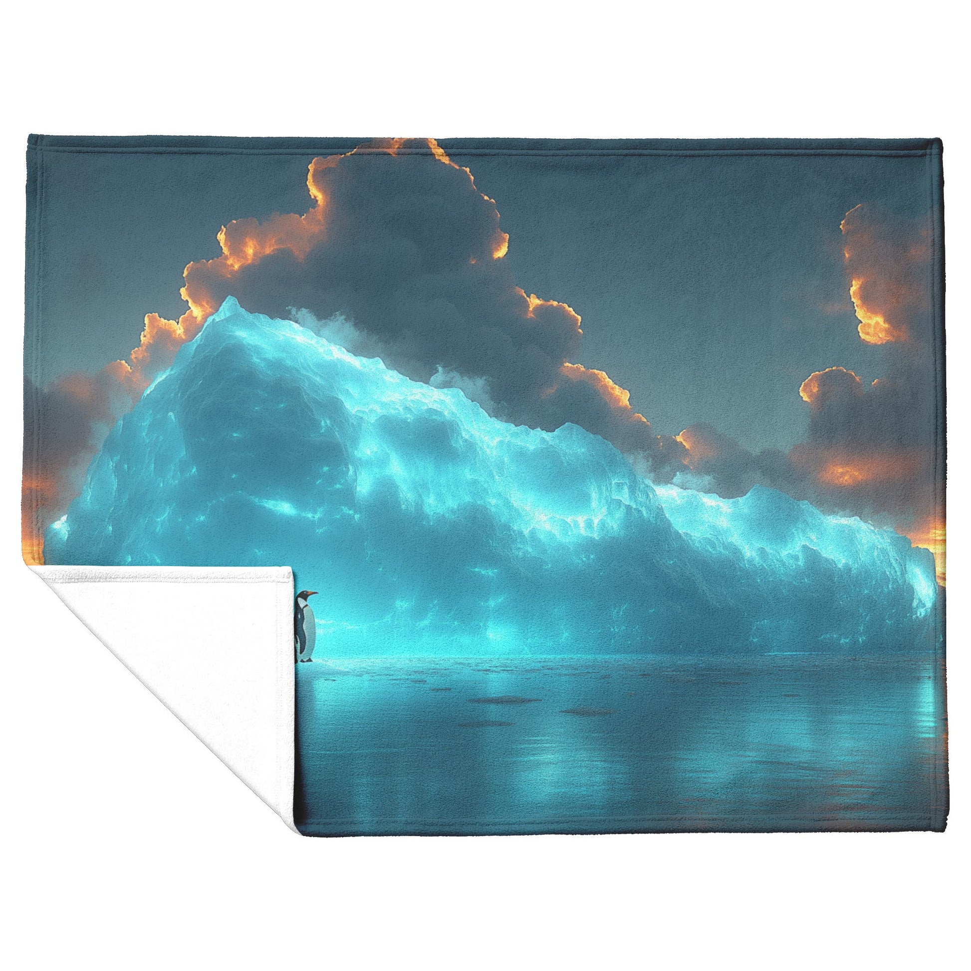 Lone Penguin on Glowing Blue Iceberg in Crystal Arctic Waters Under Twilight Sky Fleece Sherpa Blanket - Awakening Righteousness