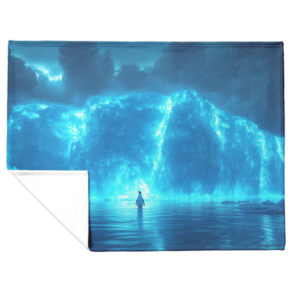Lone Penguin on Glowing Blue Iceberg in Crystal Arctic Waters Under Twilight Sky Fleece Sherpa Blanket - Awakening Righteousness