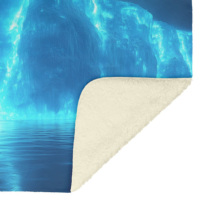 Lone Penguin on Glowing Blue Iceberg in Crystal Arctic Waters Under Twilight Sky Fleece Sherpa Blanket - Awakening Righteousness