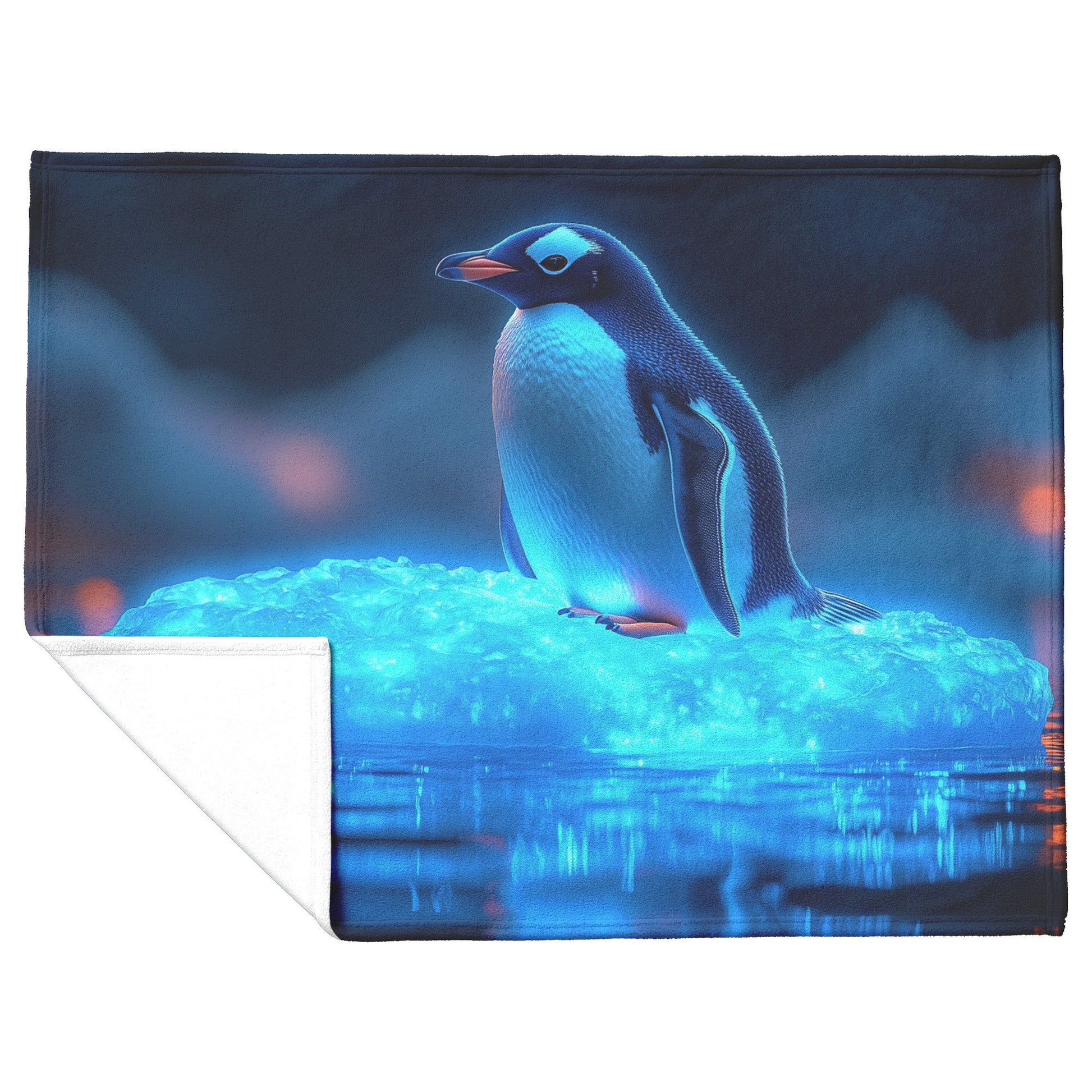 Lone Penguin on Glowing Blue Iceberg in Crystal Arctic Waters Under Twilight Sky Fleece Sherpa Blanket - Awakening Righteousness