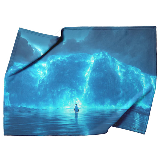 Lone Penguin on Glowing Blue Iceberg in Crystal Arctic Waters Under Twilight Sky Fleece Sherpa Blanket - Awakening Righteousness
