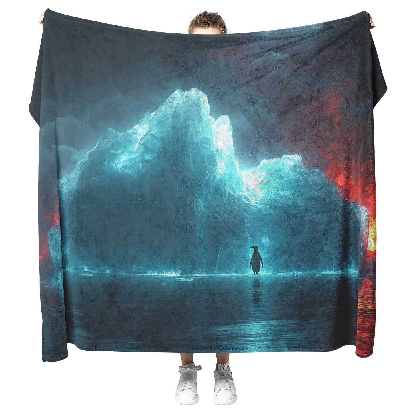Lone Penguin on Glowing Blue Iceberg in Crystal Arctic Waters Under Twilight Sky Fleece Sherpa Blanket - Awakening Righteousness