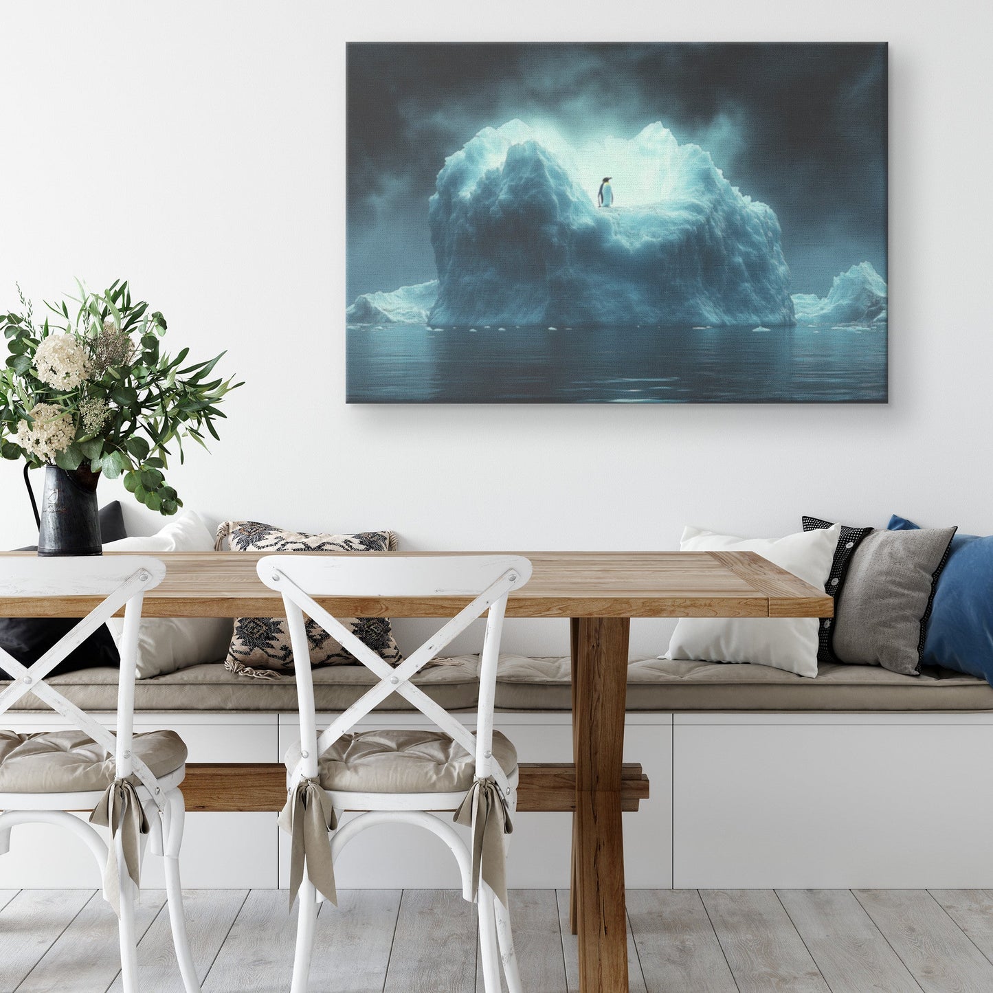 Lone Penguin on Glowing Blue Iceberg Surrounded by Crystal Clear Arctic Water Twilight Sky Canvas Wall Art Decor - Awakening Righteousness