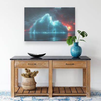 Lone Penguin on Glowing Blue Iceberg Surrounded by Crystal Clear Arctic Water Twilight Sky Canvas Wall Art Decor - Awakening Righteousness