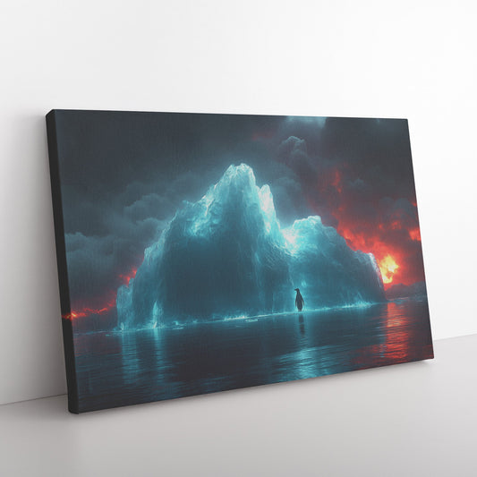 Lone Penguin on Glowing Blue Iceberg Surrounded by Crystal Clear Arctic Water Twilight Sky Canvas Wall Art Decor - Awakening Righteousness