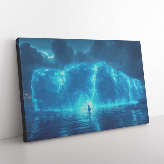 Lone Penguin on Glowing Blue Iceberg Surrounded by Crystal Clear Arctic Water Twilight Sky Canvas Wall Art Decor - Awakening Righteousness